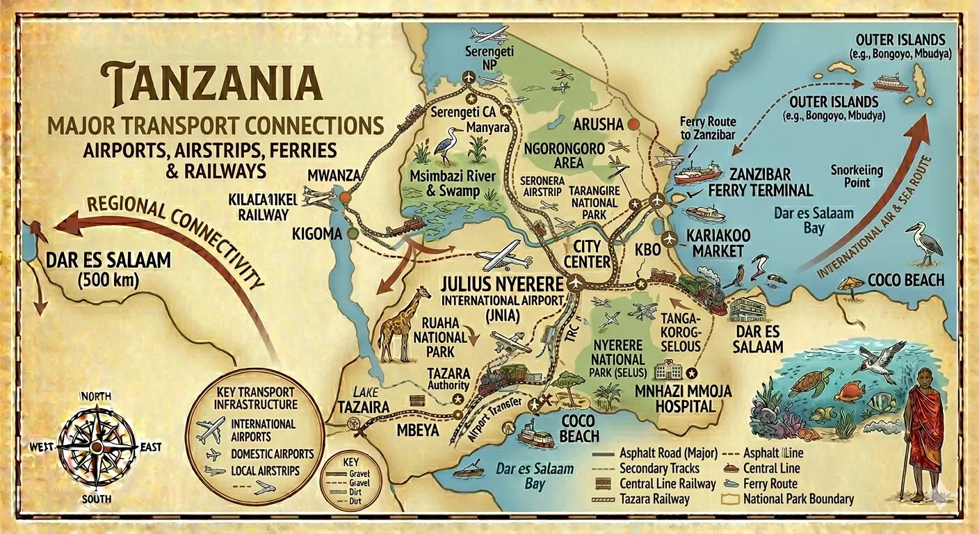 Map of Tanzania airstrips and regional flight connections